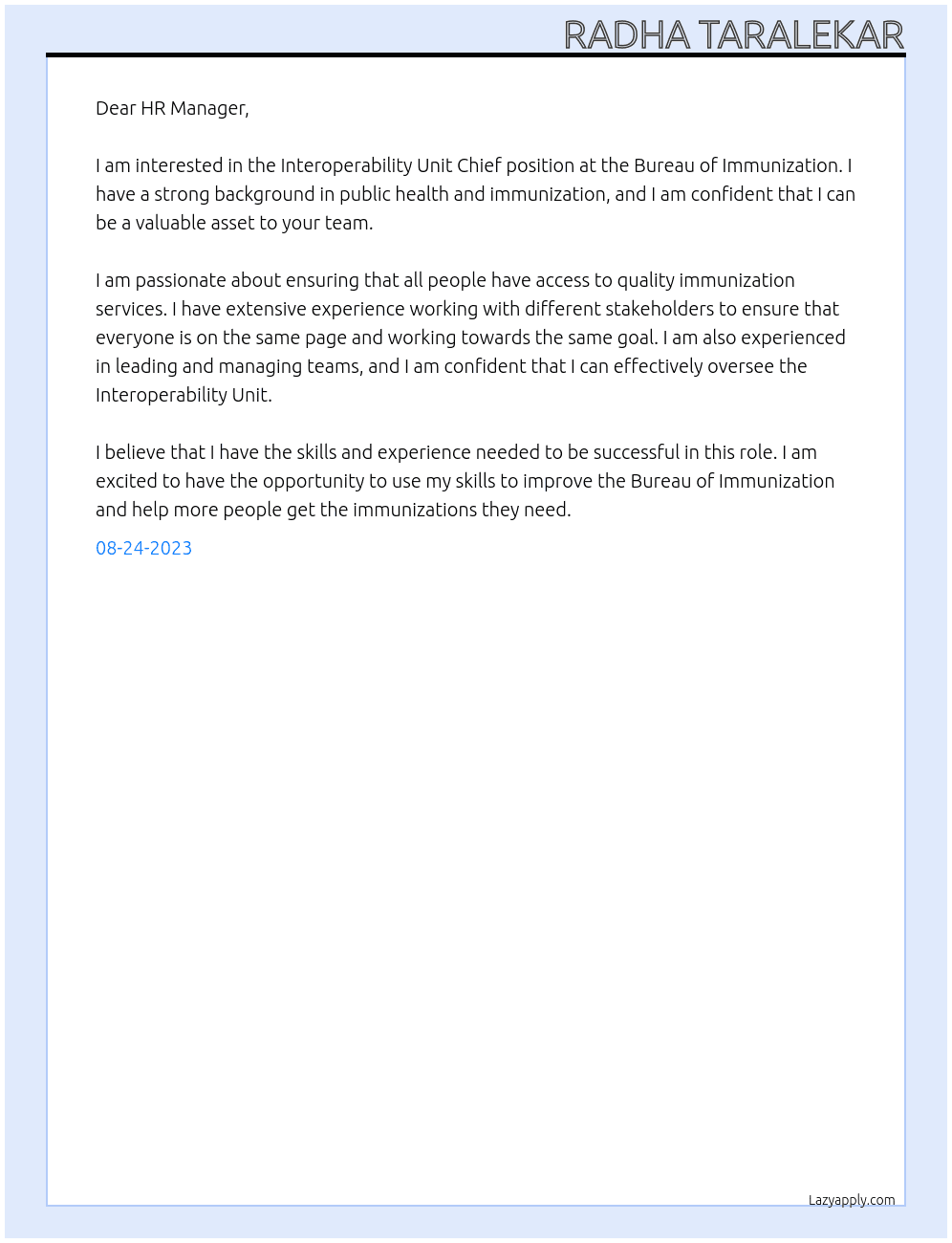 Interoperability Unit Chief, Bureau of Immunization At NYC Cover Letter