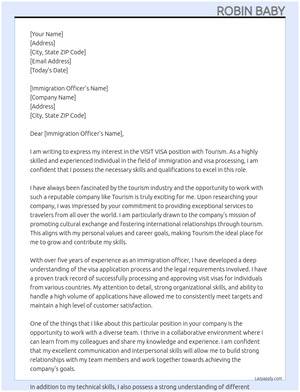VISIT VISA At TOURISM Cover Letter