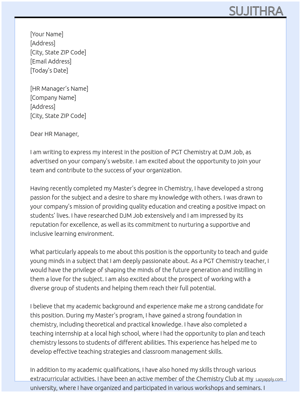 PGT chemistry  At DJM job  Cover Letter