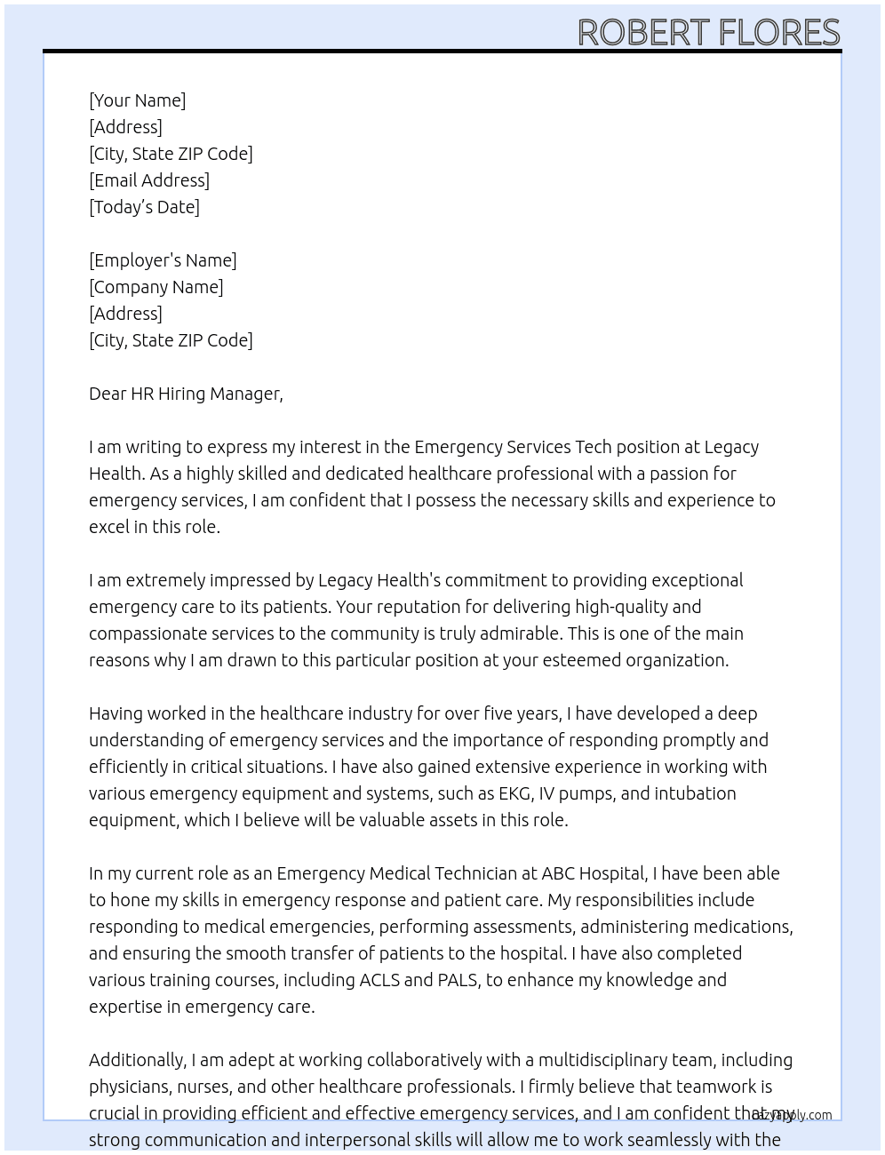 Emergency Services Tech At Legacy Health Cover Letter
