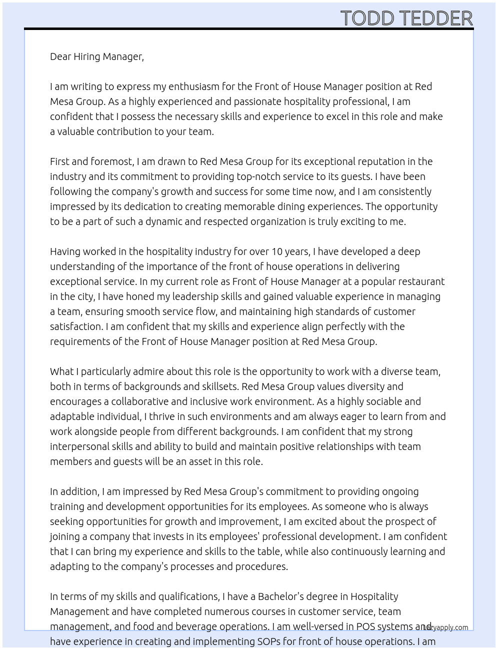 Front of house manager At Red Mesa Group Cover Letter