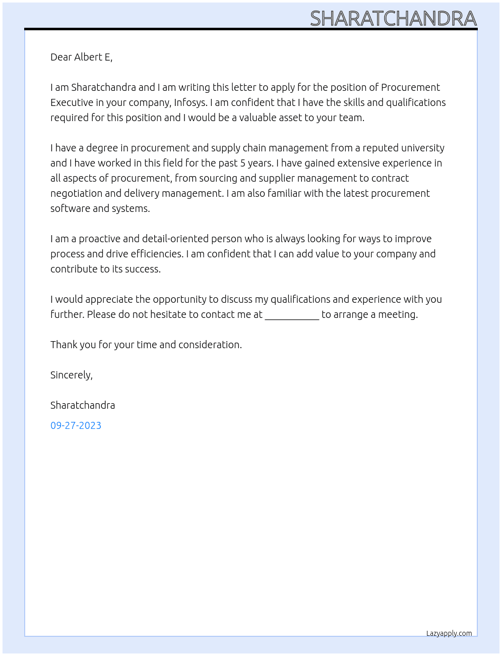 Procurement Executive At Infosys Cover Letter