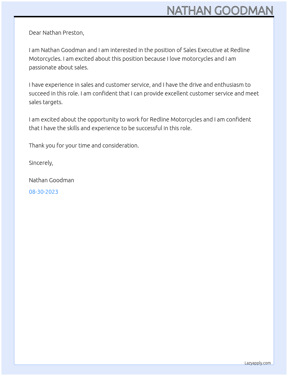 Sales Executive  At Redline Motorcycles Cover Letter