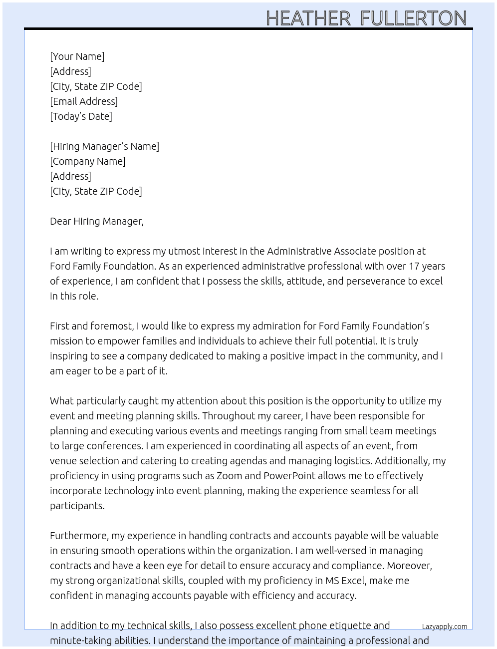 Administrative Associate At Ford Family Foundation  Cover Letter