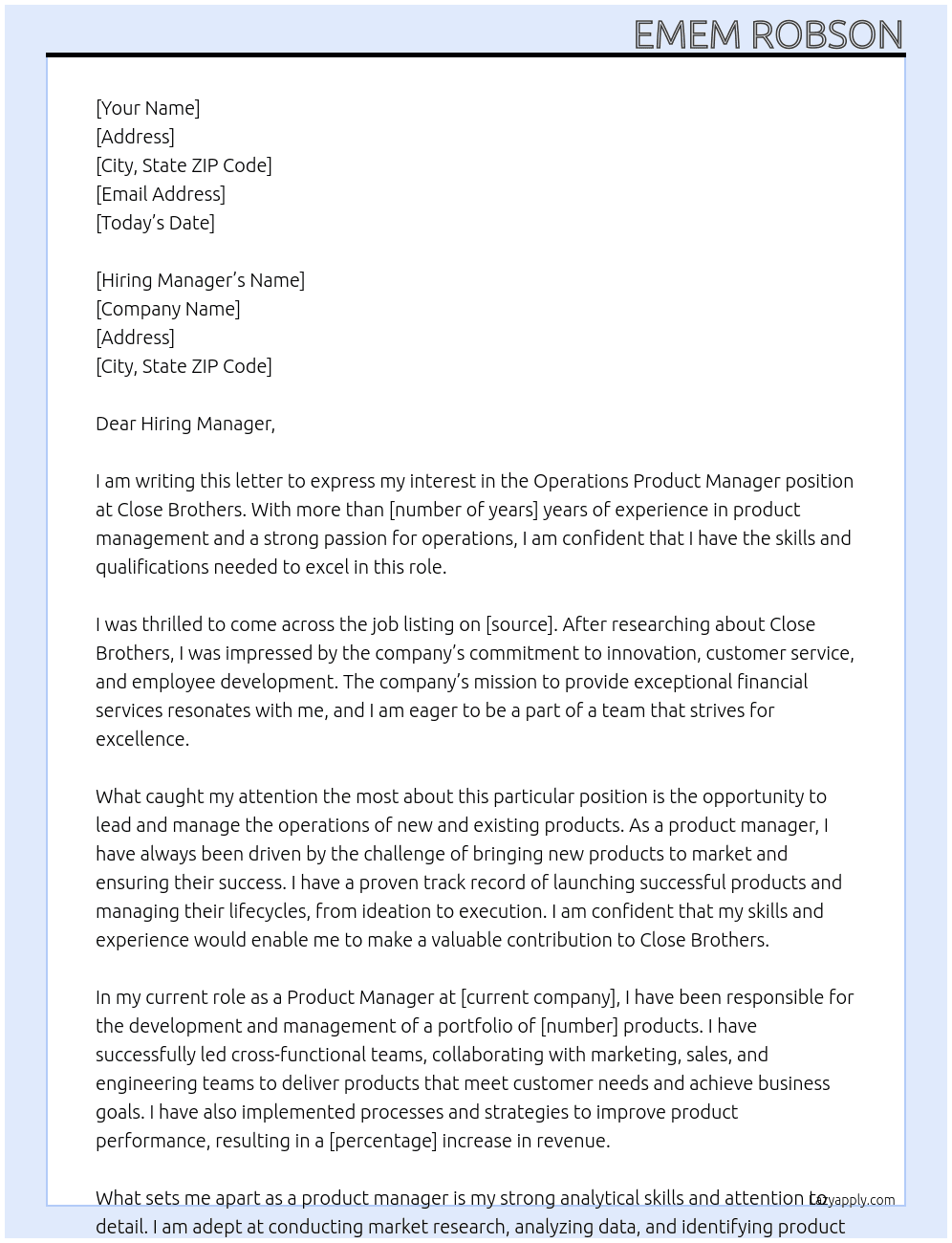 Operations Product Manager  At Close Brothers Cover Letter