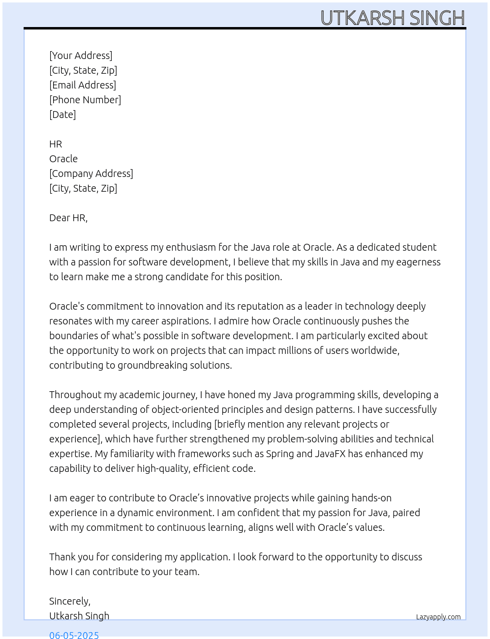Student At Oracle Cover Letter