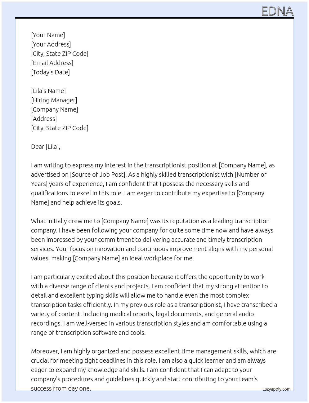 transcriptionist At lila Cover Letter