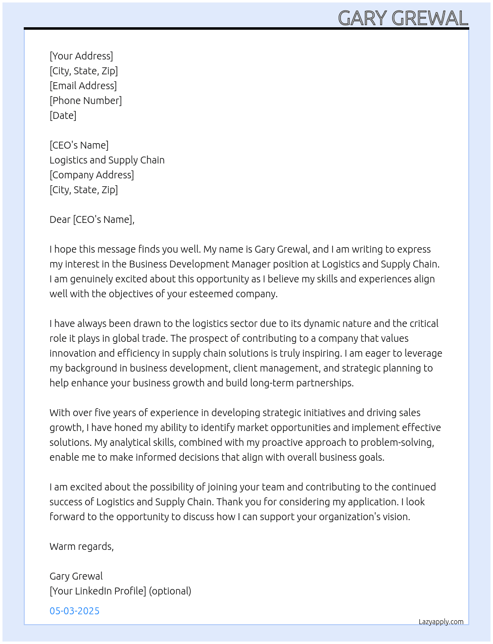 Business Development Manager At Logistics and supply chain Cover Letter