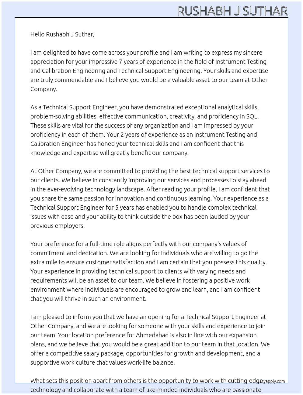 TECHNICAL SUPPORT ENGINEER At OTHER COMPANY Cover Letter