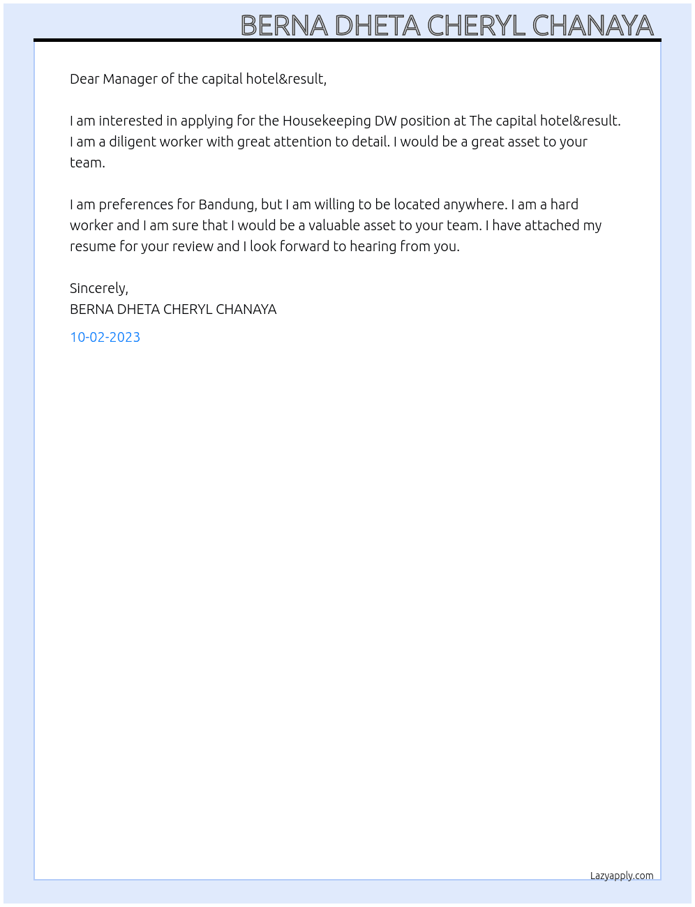 Housekeeping DW At The capital hotel&result Cover Letter