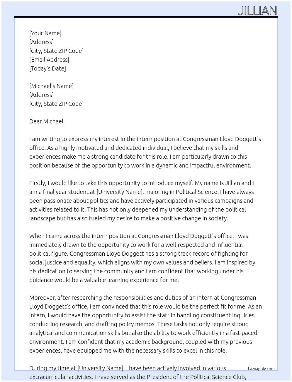 Intern At Congressman Lloyd Doggett Cover Letter