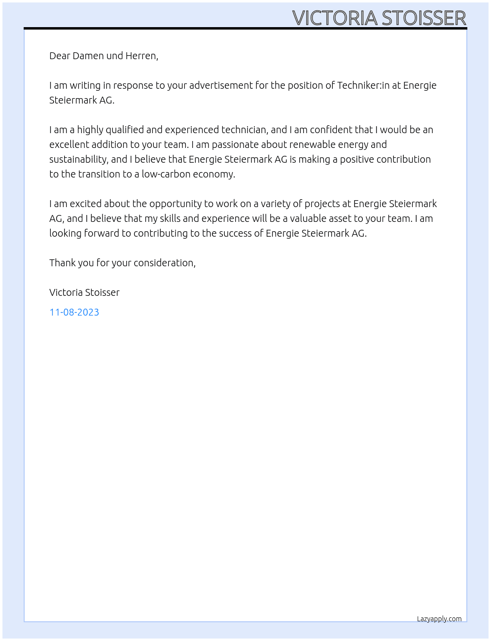Techniker:in At Energie Steiermark AG Cover Letter