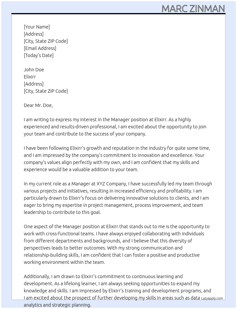 Manager At Elixirr Cover Letter