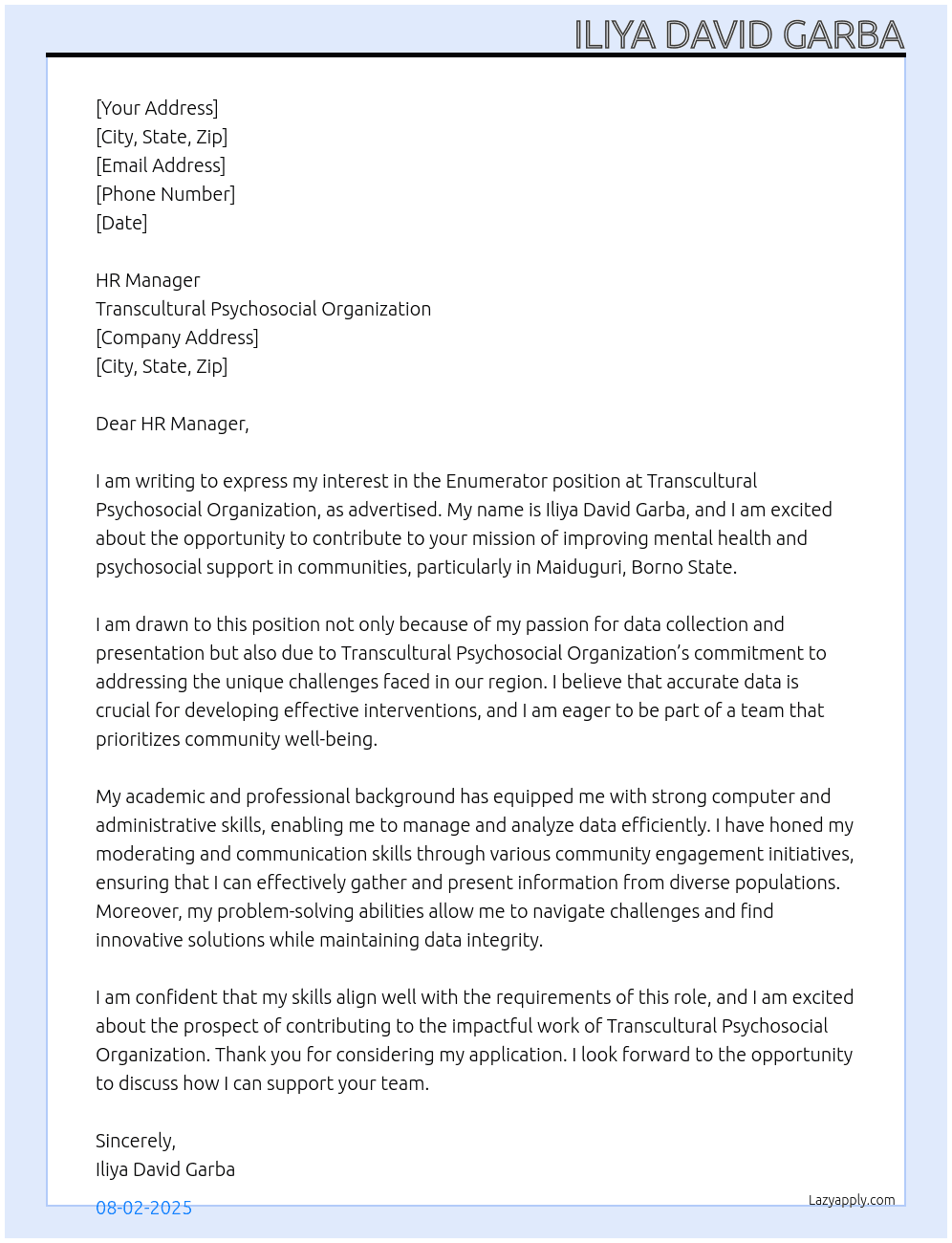 Enumerator At transcultural psychosocial organization  Cover Letter
