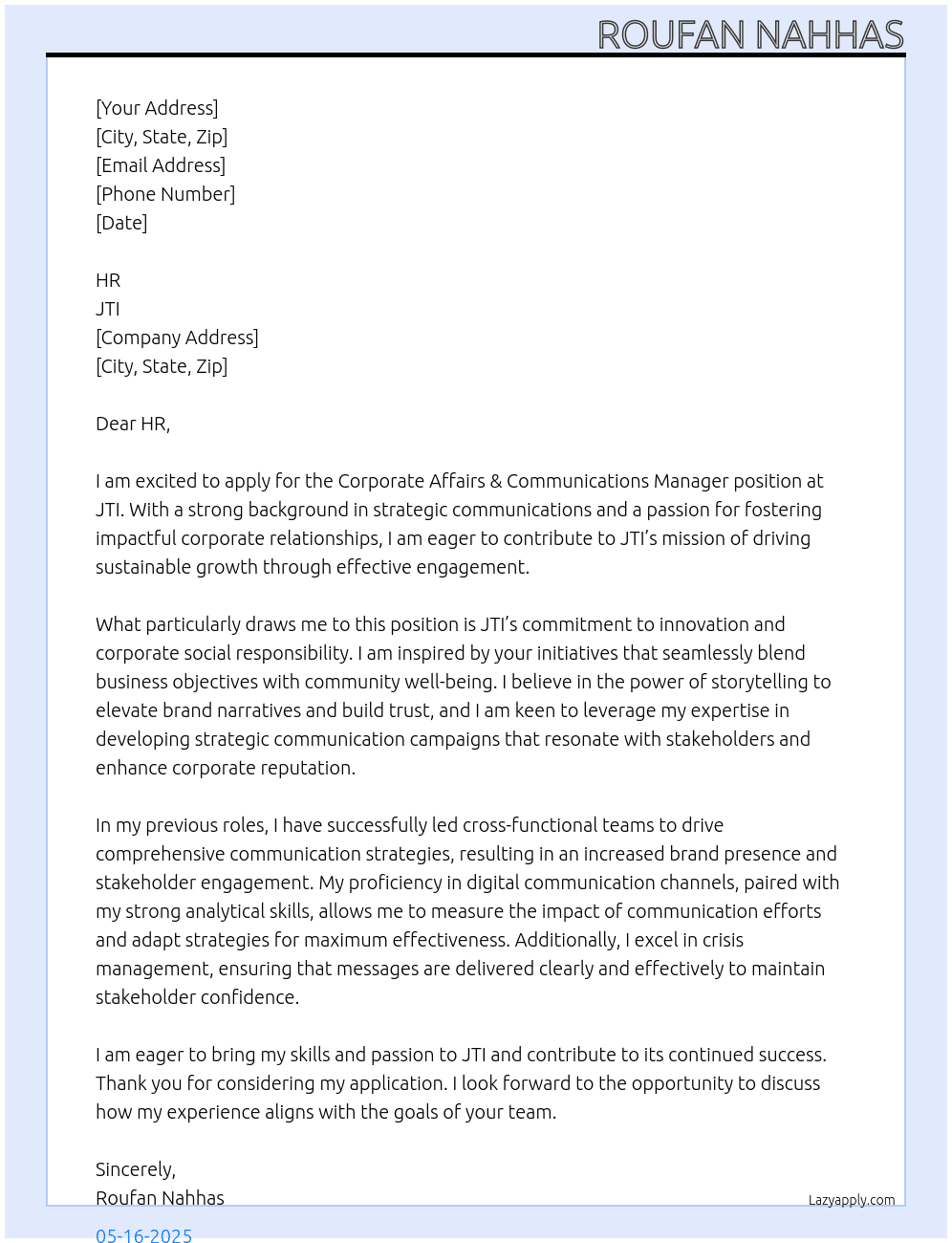 Corporate Affairs & Communications Manager At JTI  Cover Letter