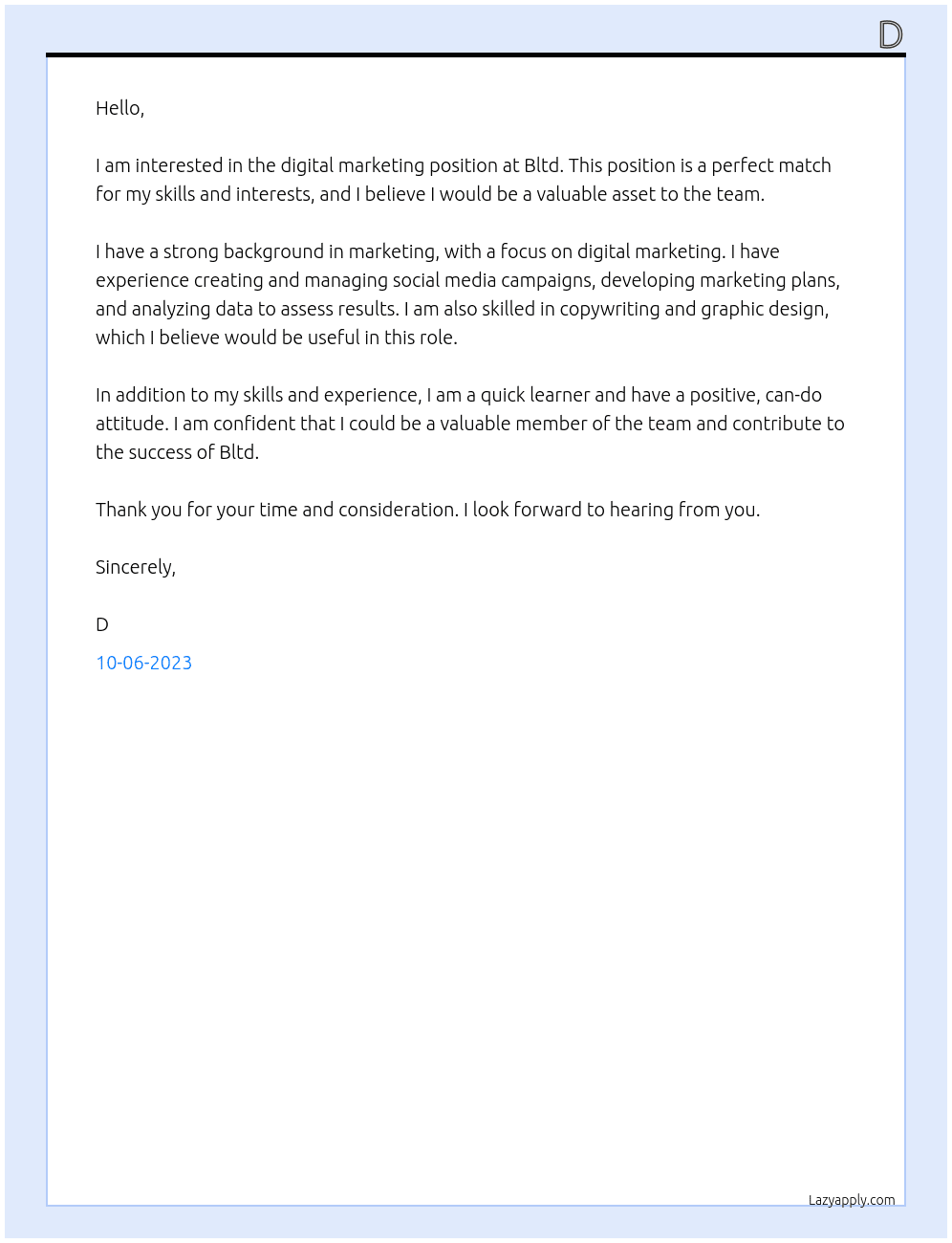 Digital marketing At Bltd Cover Letter