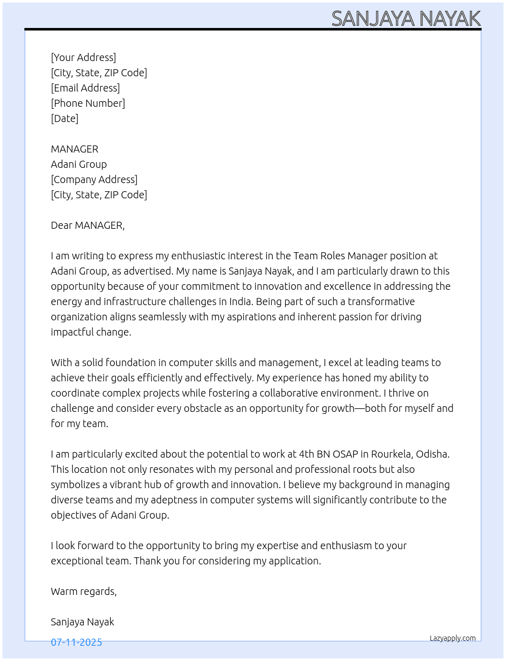 MANAGER At ADANI GROUP Cover Letter