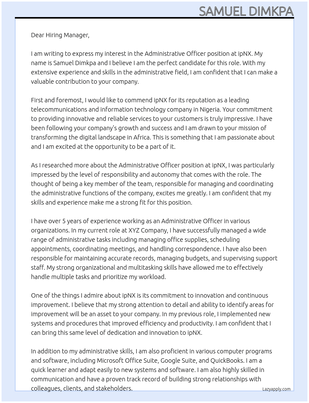 Administrative Officer At ipNX Cover Letter