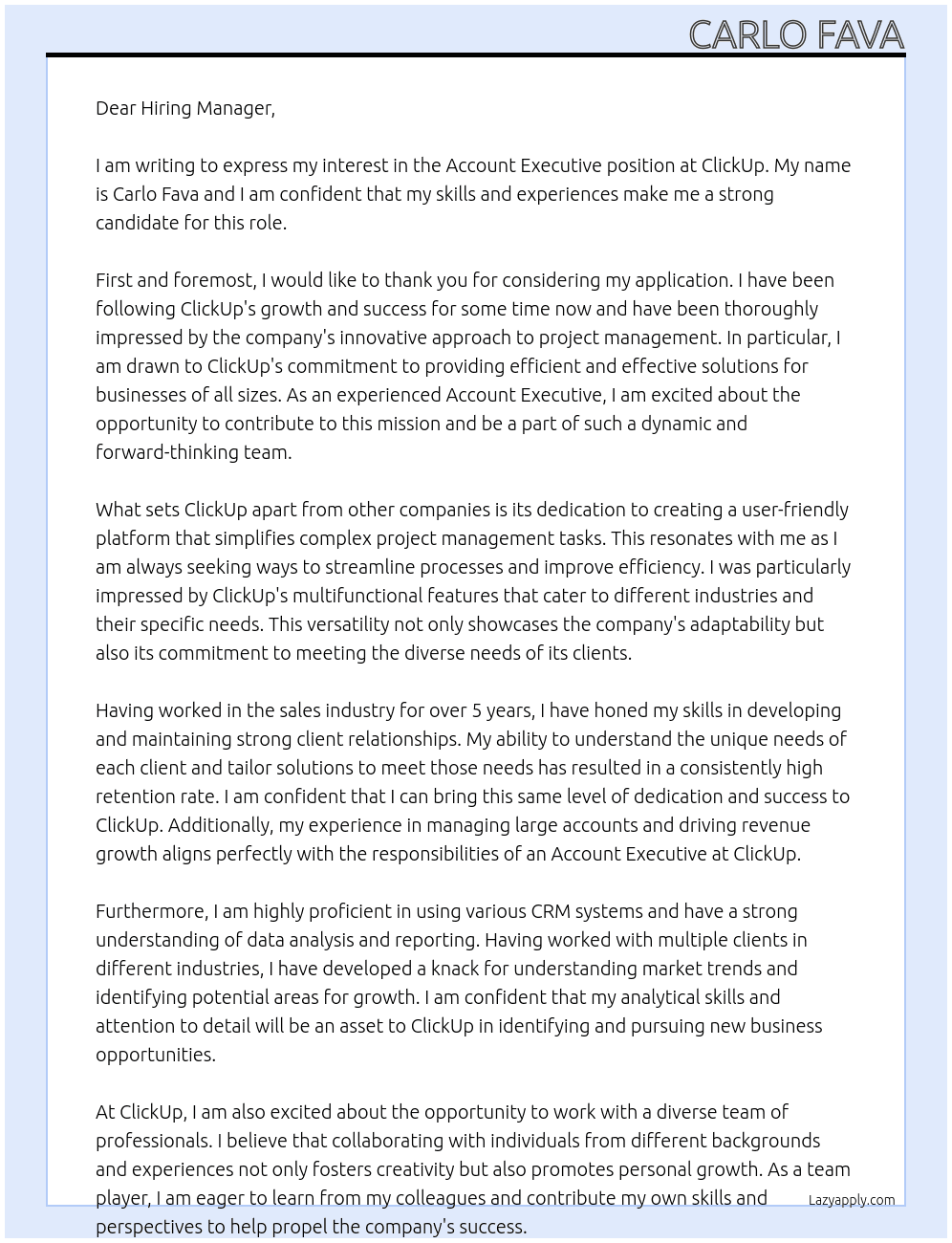 Account Executive At clickup Cover Letter