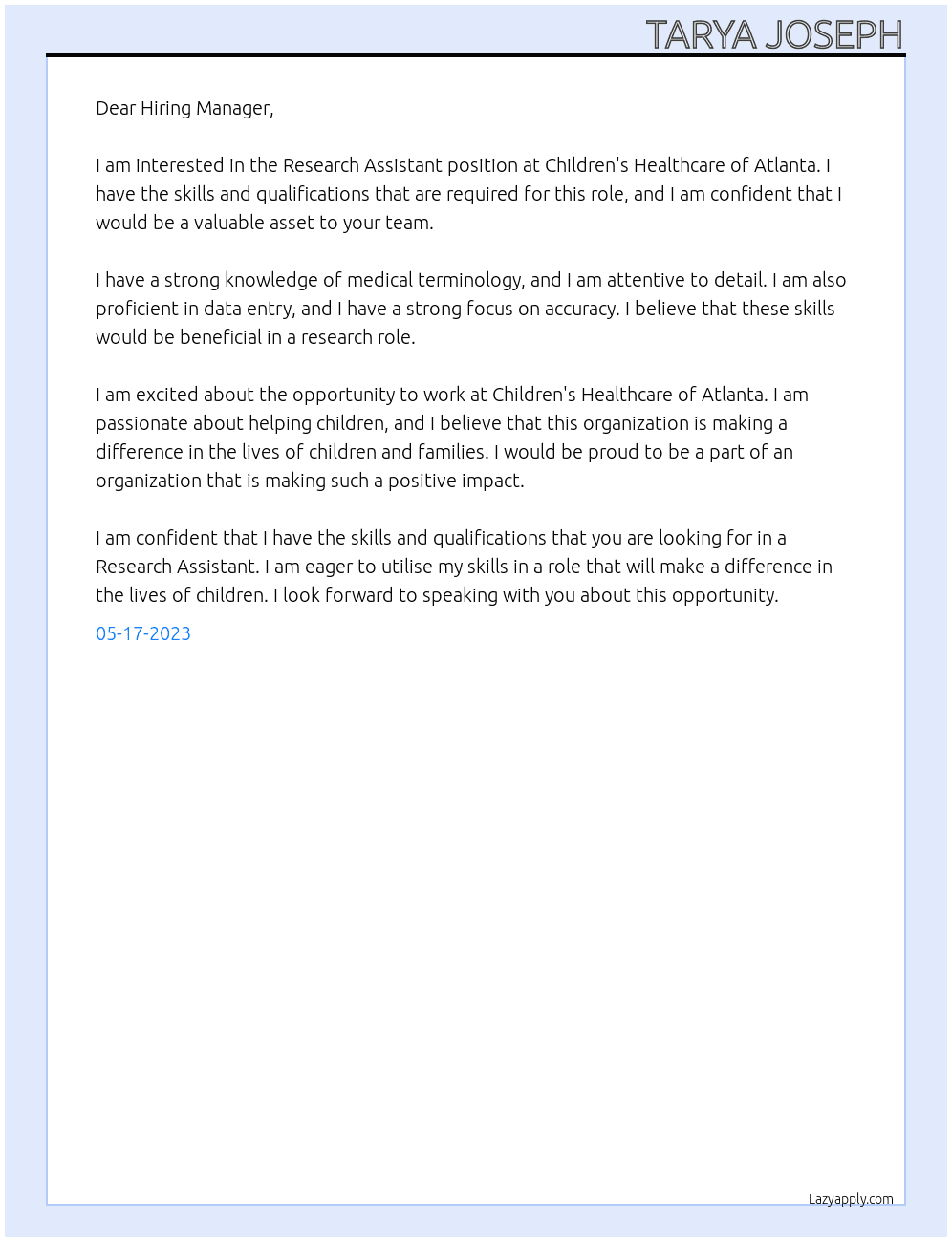 Research Assistant At Children's Healthcare of Atlanta Cover Letter