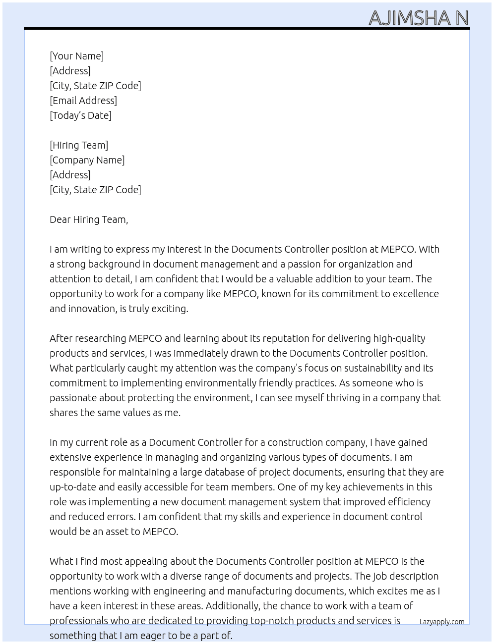 Documents Controller  At MEPCO  Cover Letter