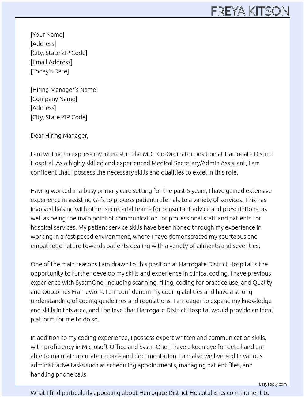 MDT Co-Ordinator At Harrogate District Hospital Cover Letter
