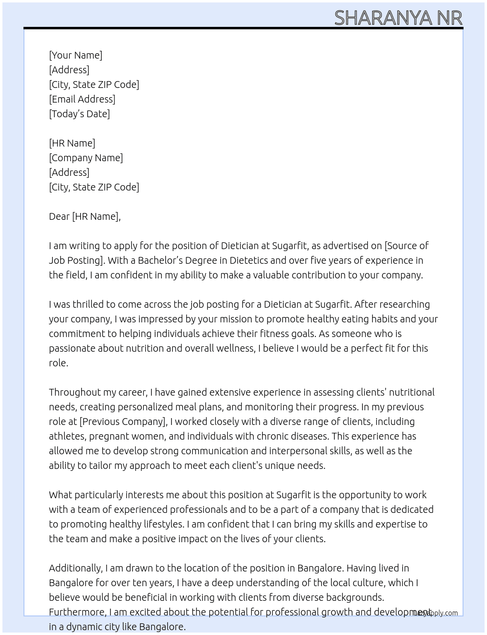 Dietetics  At Sugarfit Cover Letter