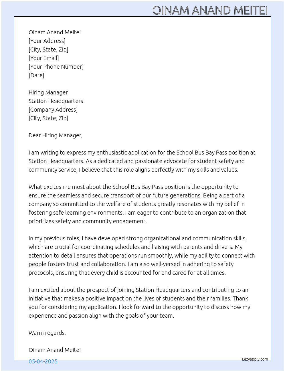 School bus bay pass At Station headquarter Cover Letter