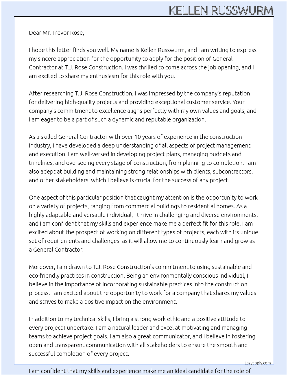 General Contractor At T.J. Rose Construction Cover Letter