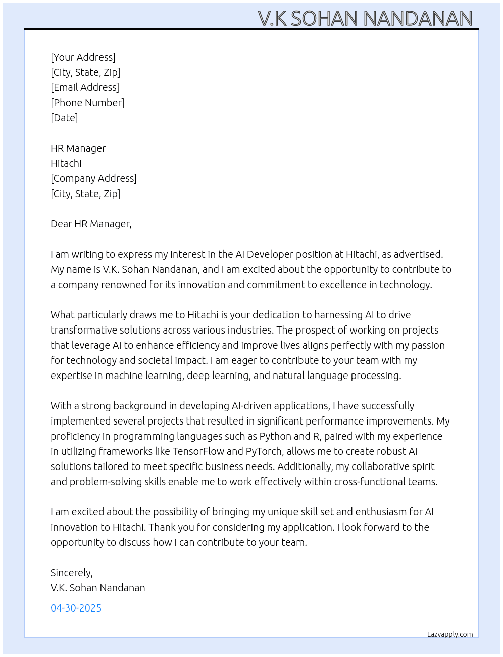 AI Developer  At Hitachi Cover Letter