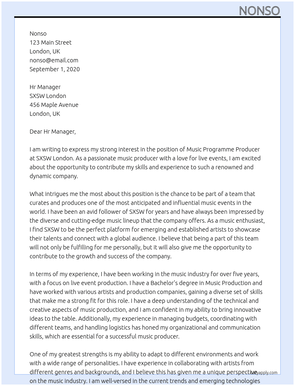 Music Programme Producer At SXSW London Cover Letter