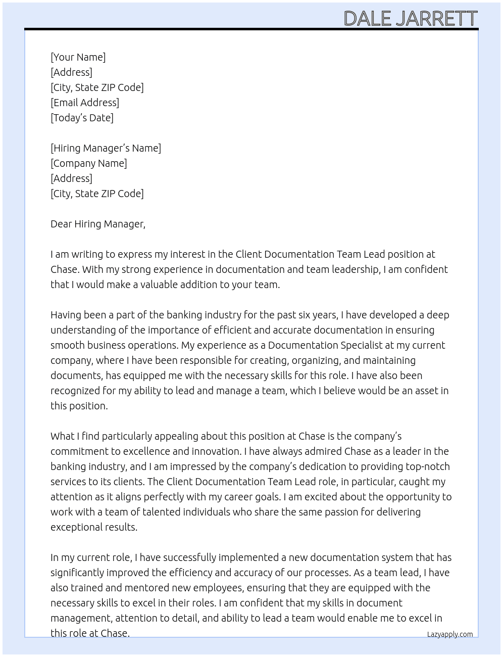 Client Documentation Team Lead At Chase Cover Letter