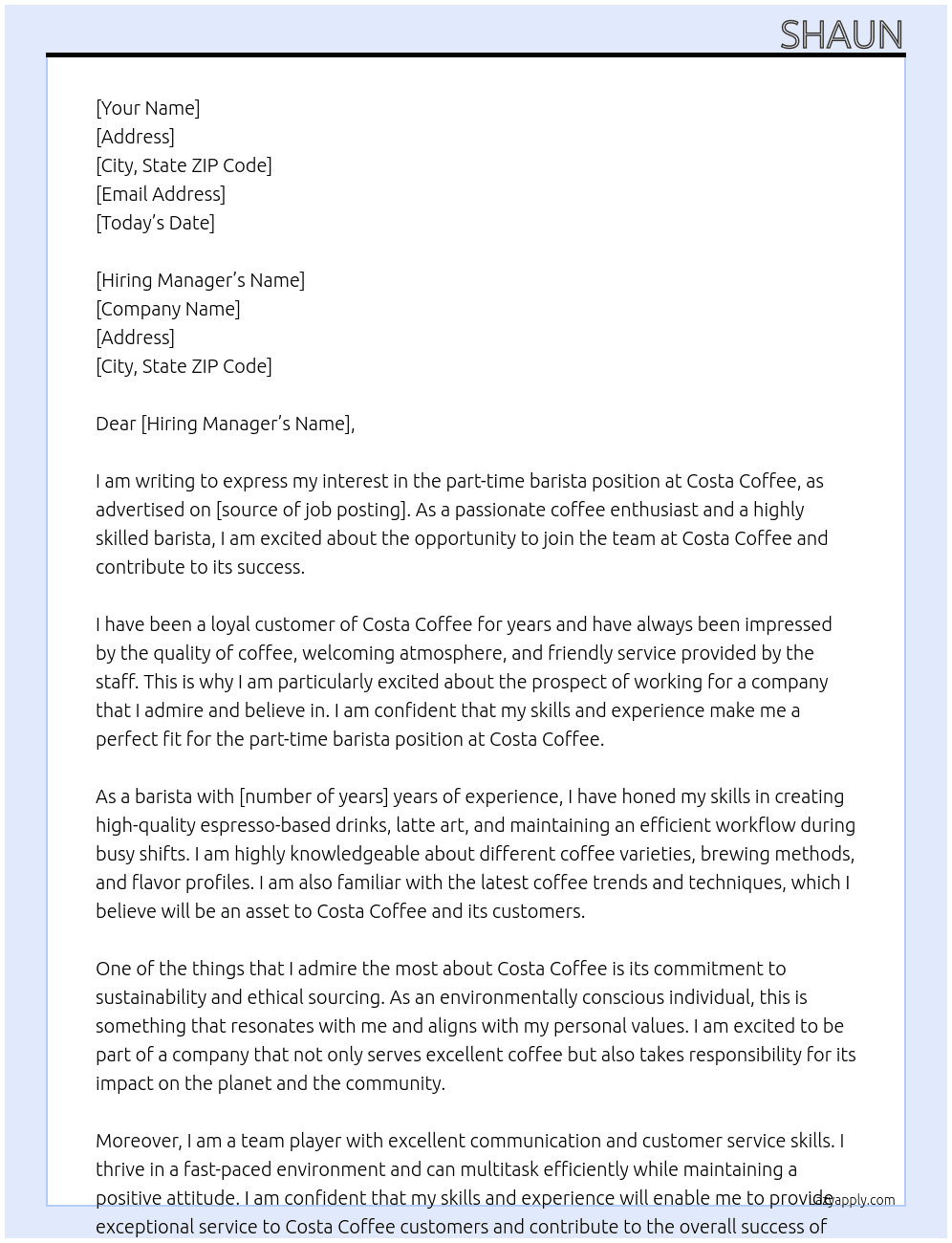 part time barista At costa cofee Cover Letter