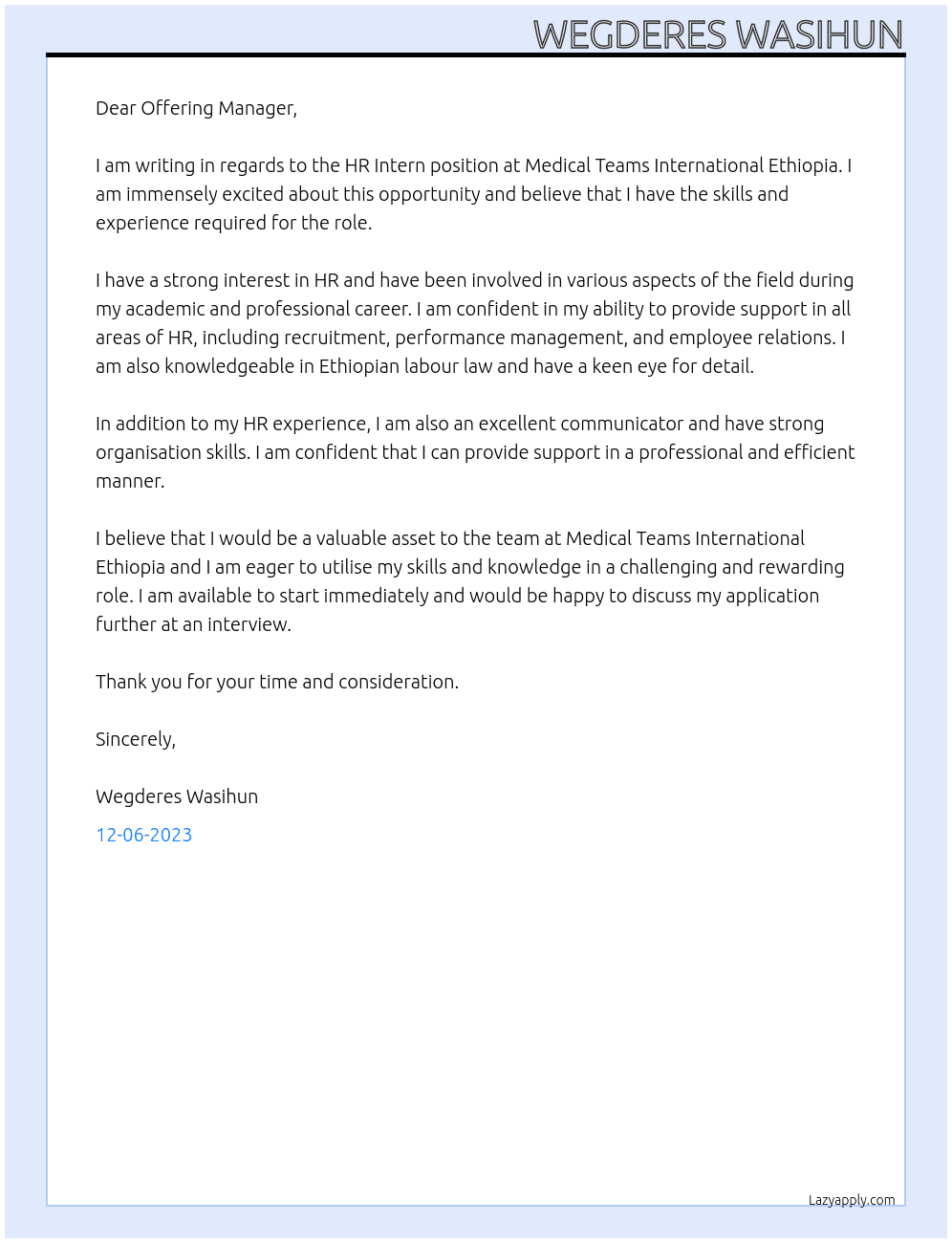 HR Intern At Medical Teams International Ethiopia  Cover Letter