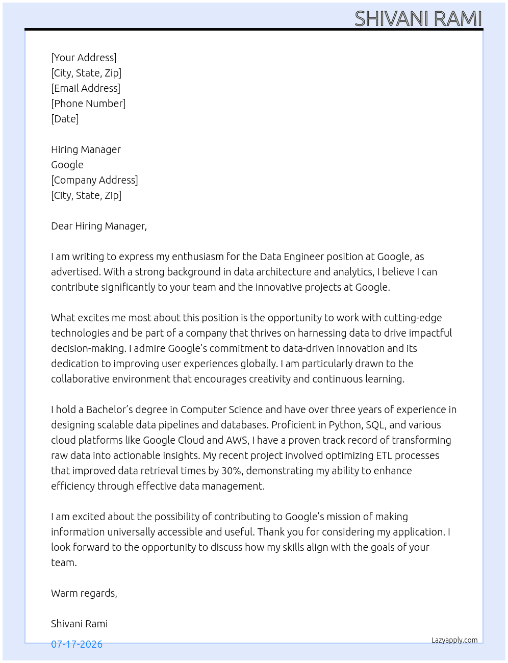 data engineer At Google Cover Letter