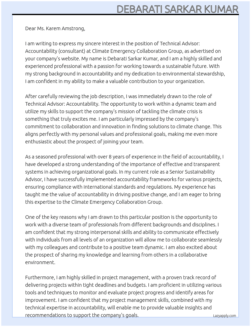 Technical Advisor:Accountability (consultant) At Climate Emergency Collaboration Group Cover Letter