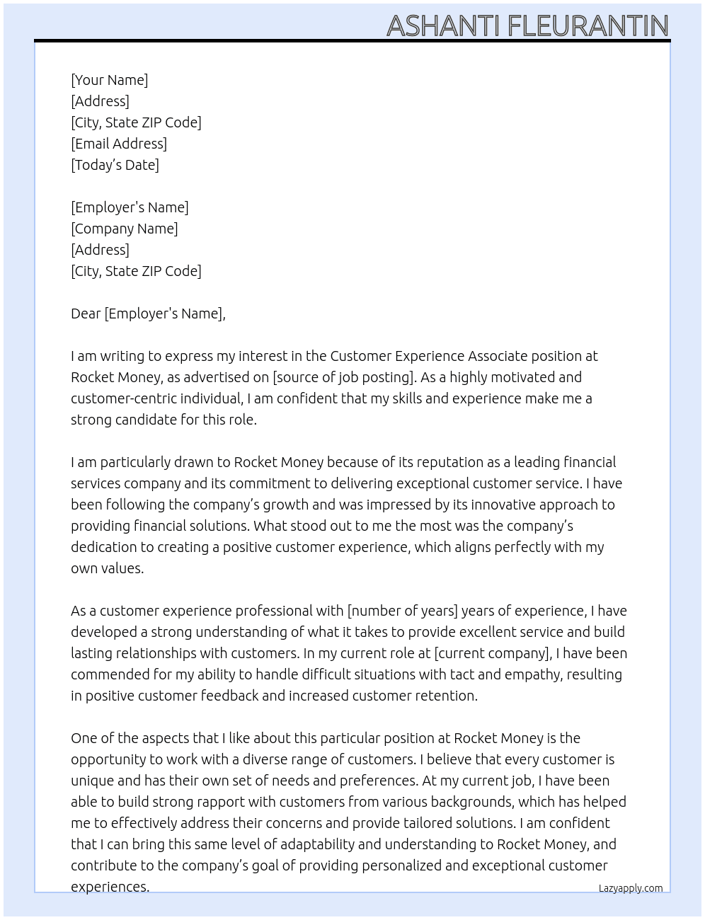 Customer experience associate At Rocket Money Cover Letter