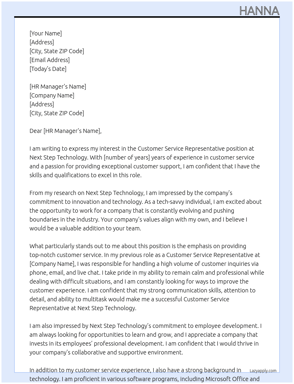 Customer service representative  At Next step technology  Cover Letter
