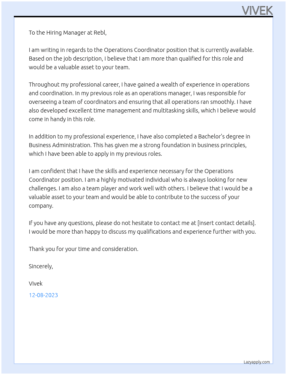 operations coordinator At Rebl Cover Letter