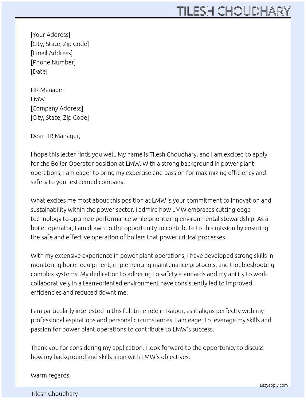 Boiler operator At LMW Cover Letter