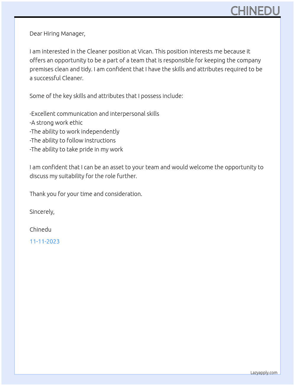 Cleaner At Vican Cover Letter