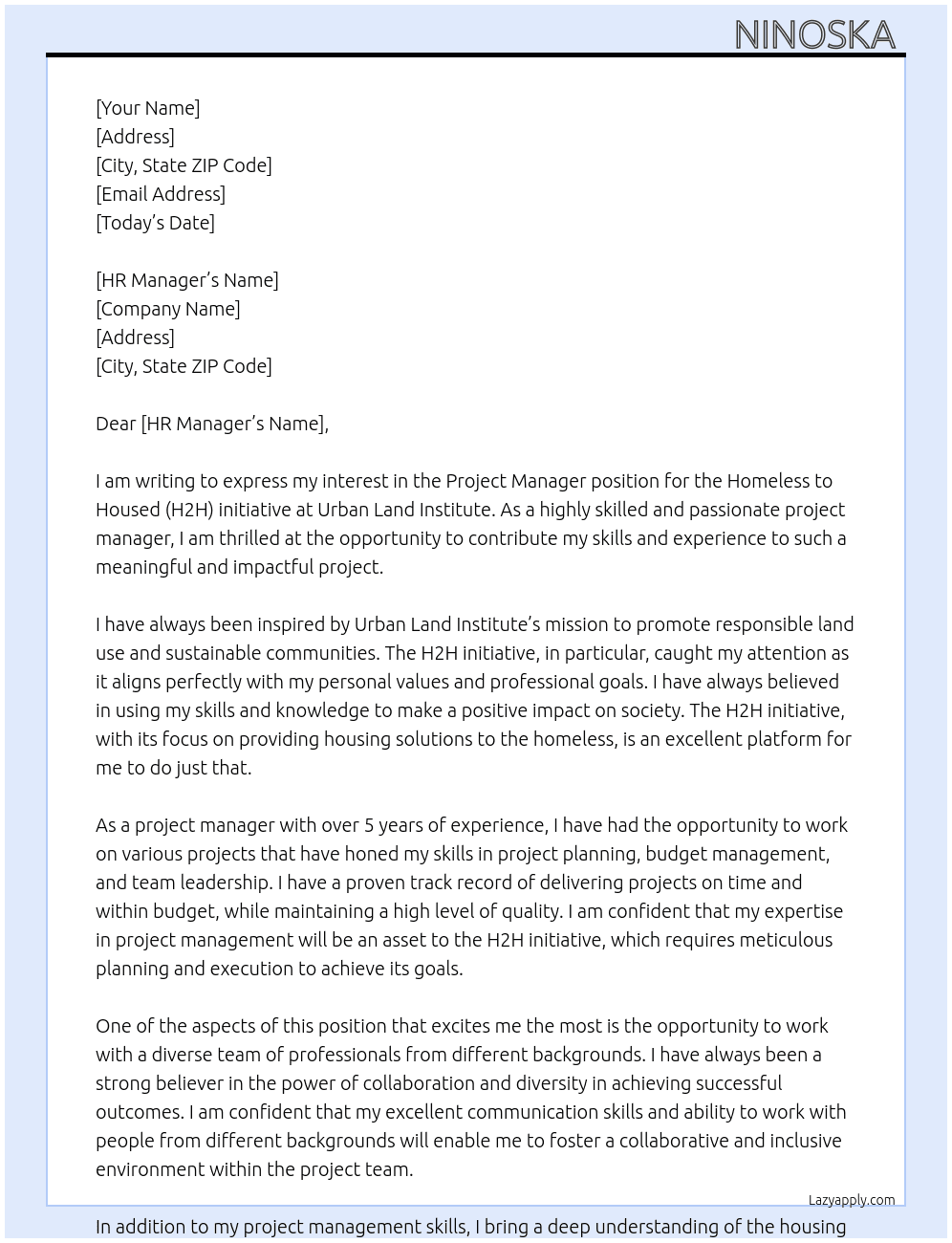project manager  Homeless to Housed (H2H)  initiative At Urban Land Institute Cover Letter