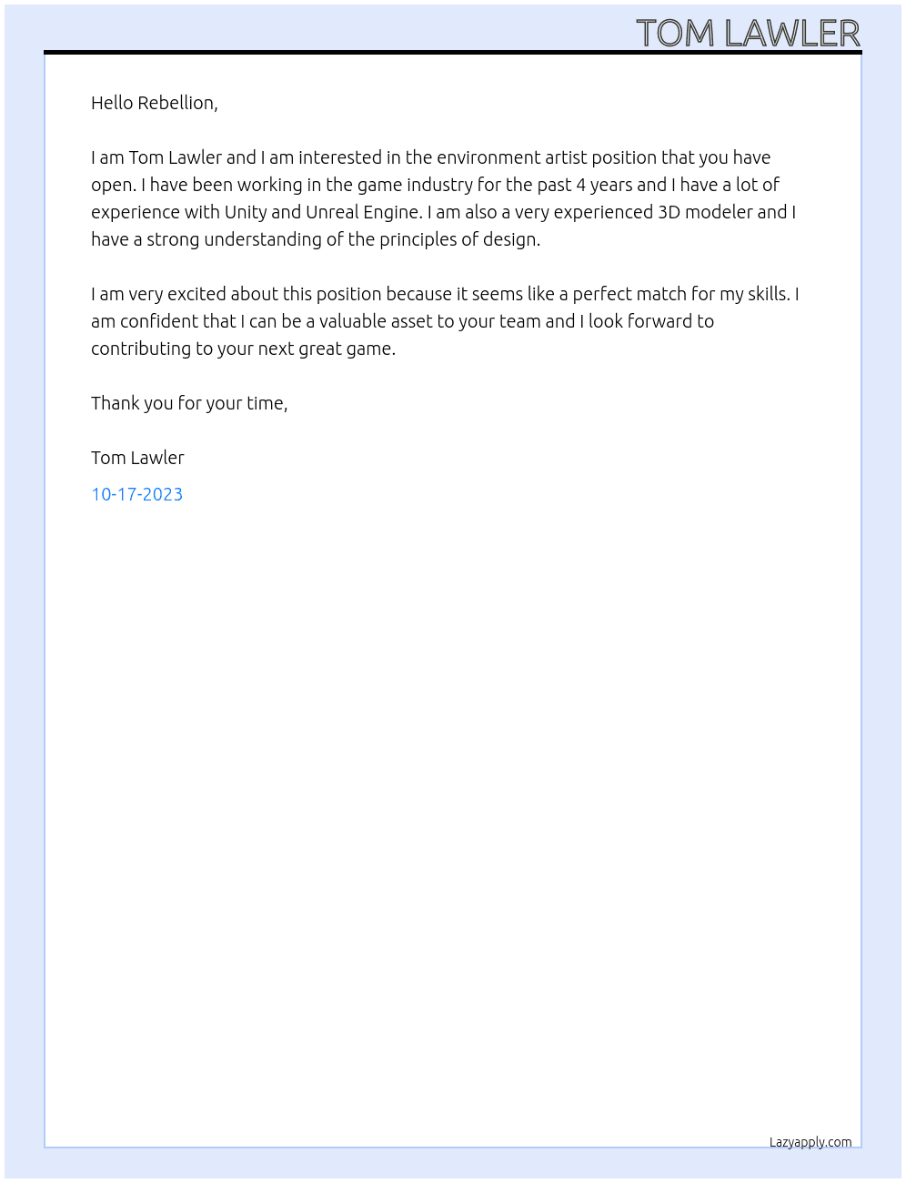 Environment Artist At Rebellion Cover Letter