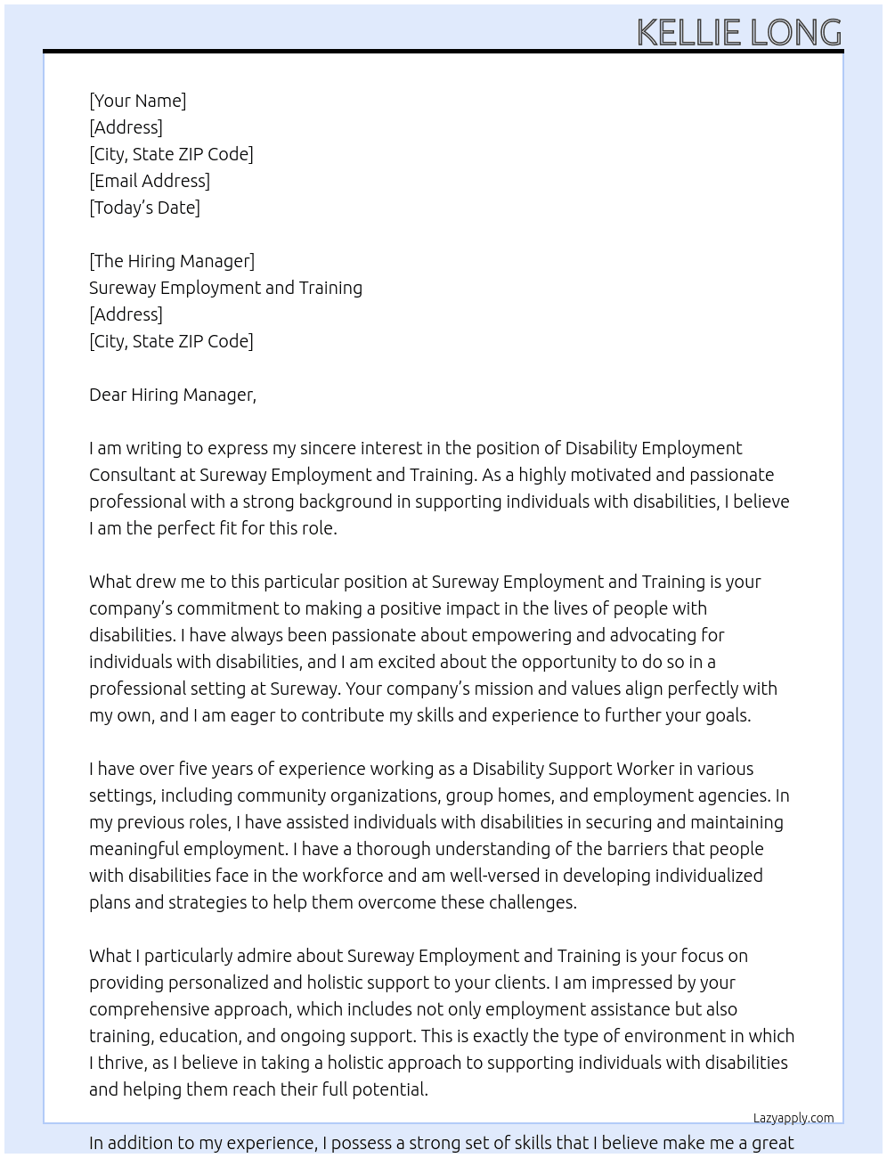 Disability Employment Consultant At Sureway Employment and Training Cover Letter