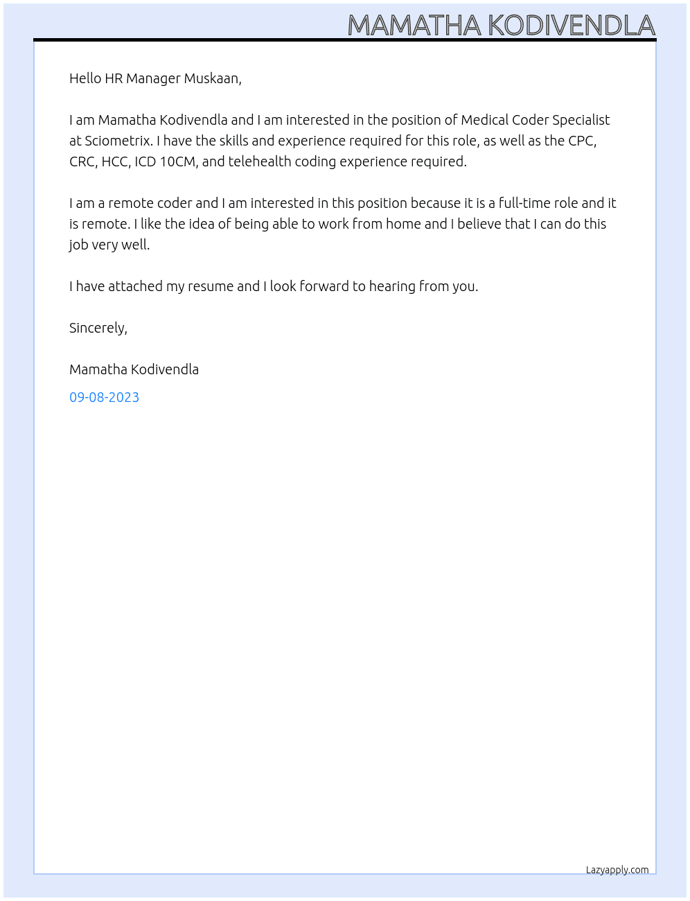 Medical coder specialist At Sciometrix Cover Letter