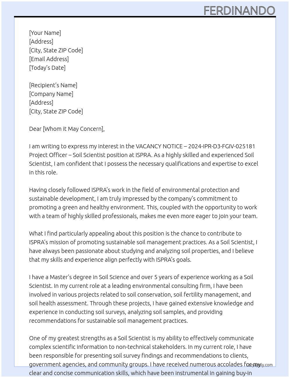 VACANCY NOTICE – 2024-IPR-D3-FGIV-025181 Project Officer – Soil Scientist At ISPRA Cover Letter