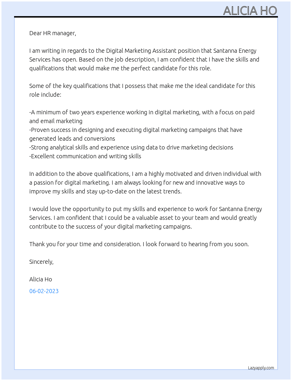 Digital Marketing Assistant, Paid and Email At Santanna Energy Services Cover Letter
