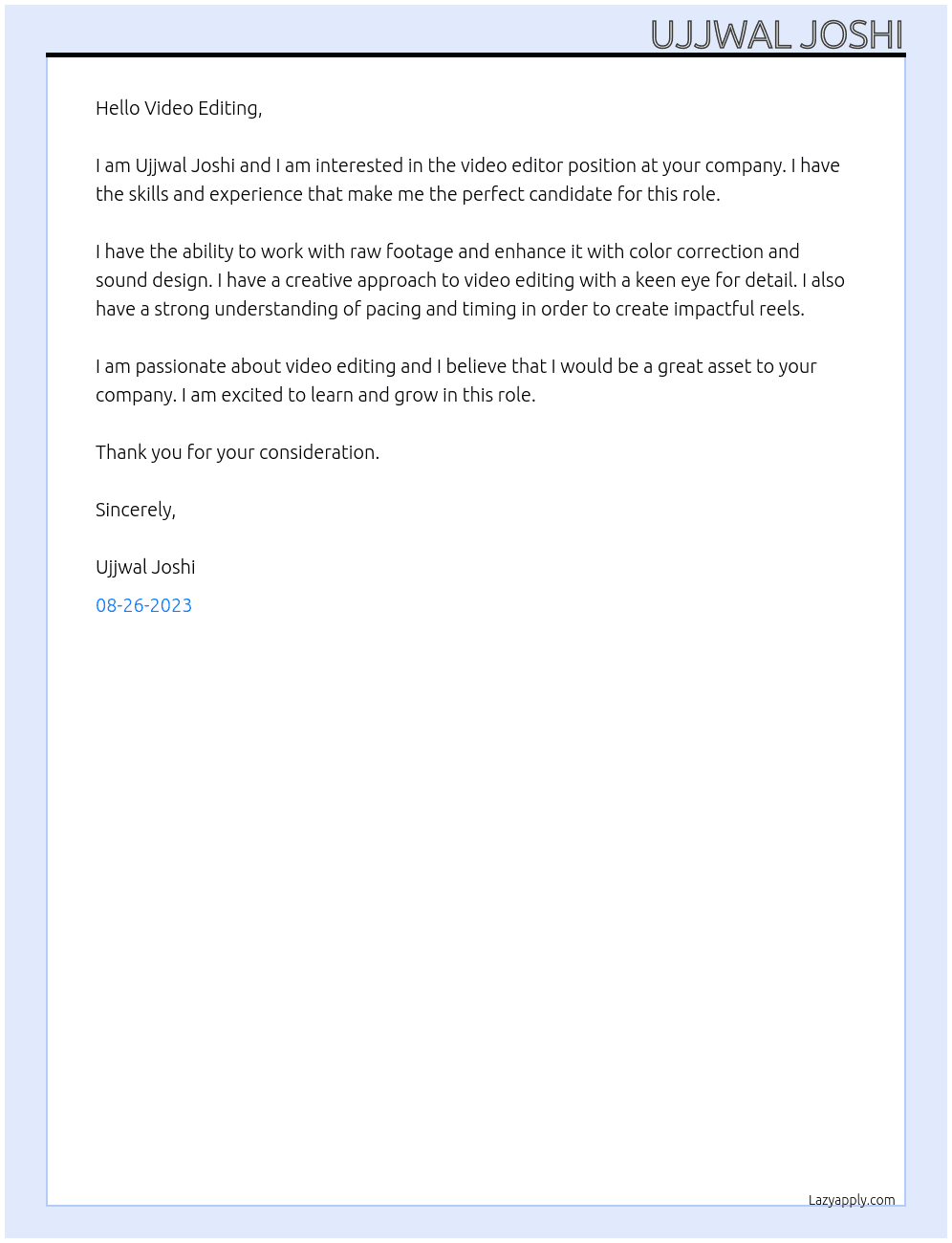 video editor At Video editing  Cover Letter
