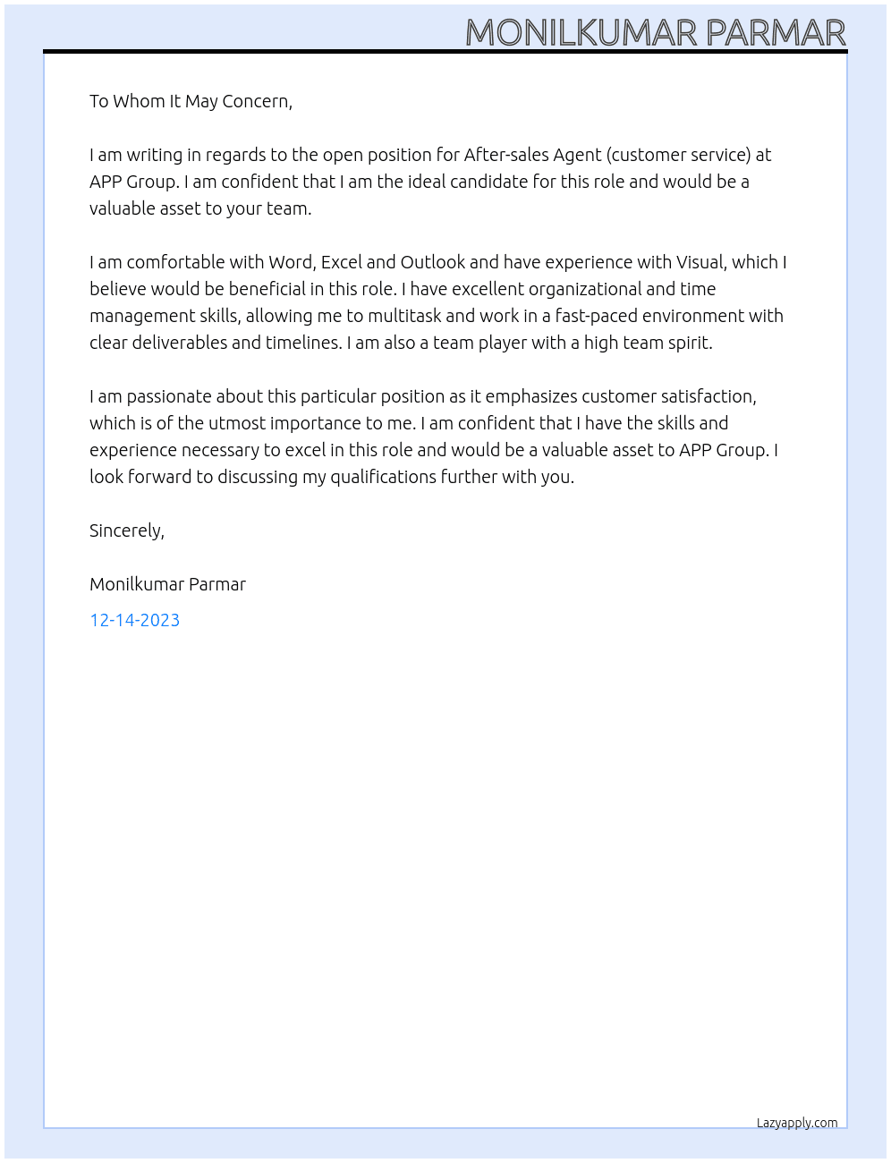 After-sales Agent (customer service) At APP Group  Cover Letter