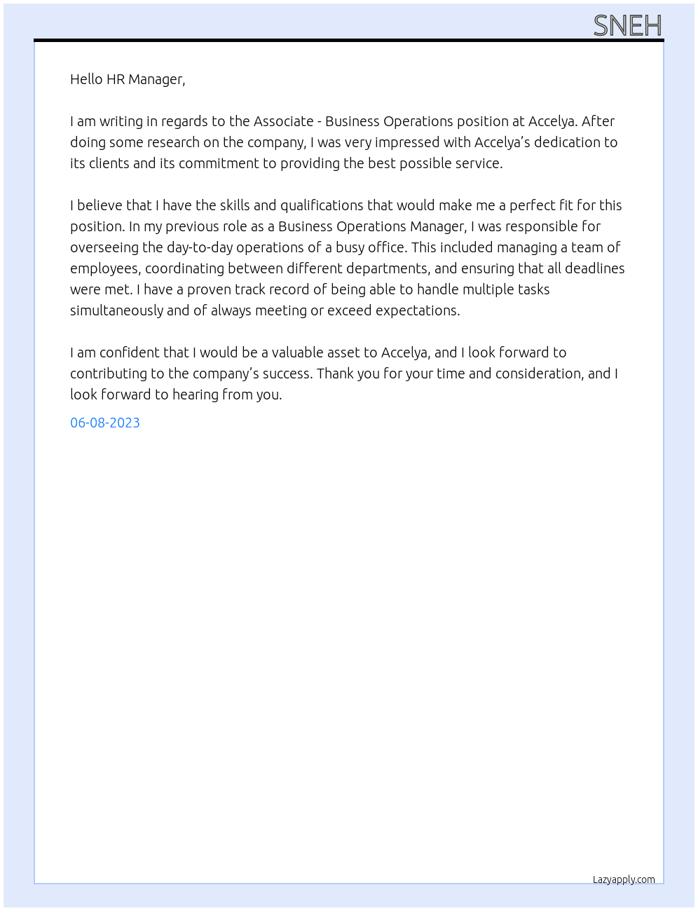 Associate - Business Operations At Accelya Cover Letter